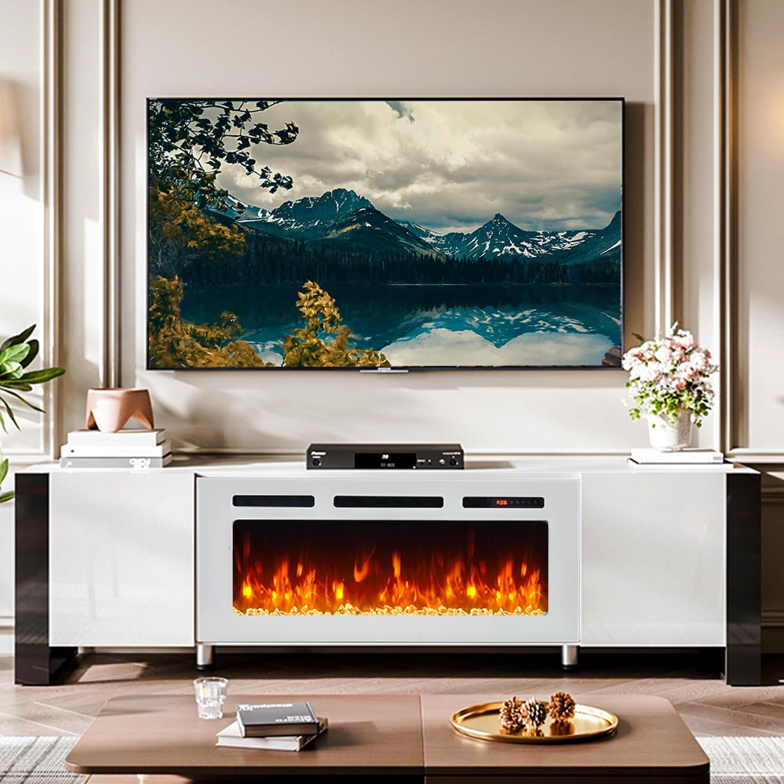 Fireplace TV Stand with 36" Fireplace, 70" Modern Entertainment Center LED Lights, Adjustable Legs TV Console Cabinet for TVs Up to 80", White TV Stand and White Fireplace