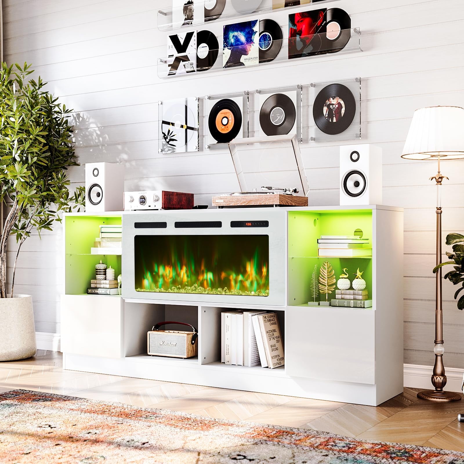 Fireplace TV Stand with 36” Electric Fireplace, 70” TV Console Stand for TVs Up to 80", LED Light Entertainment Center, Fireplace for The Living Room TV Stand, White