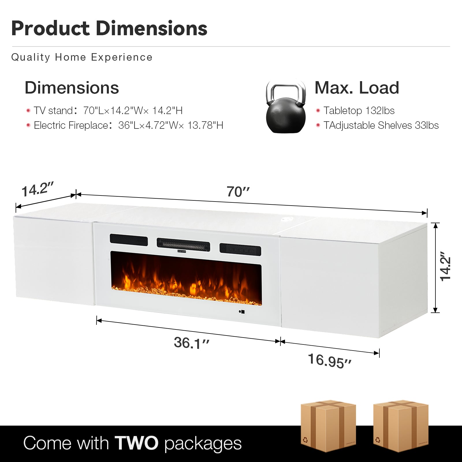Floating TV Stand with 36" Electric Fireplace, Wall Mounted Fireplace Entertainment Center with Storage for TVs Up to 80", Adjustable Partition, Black/White (All White)