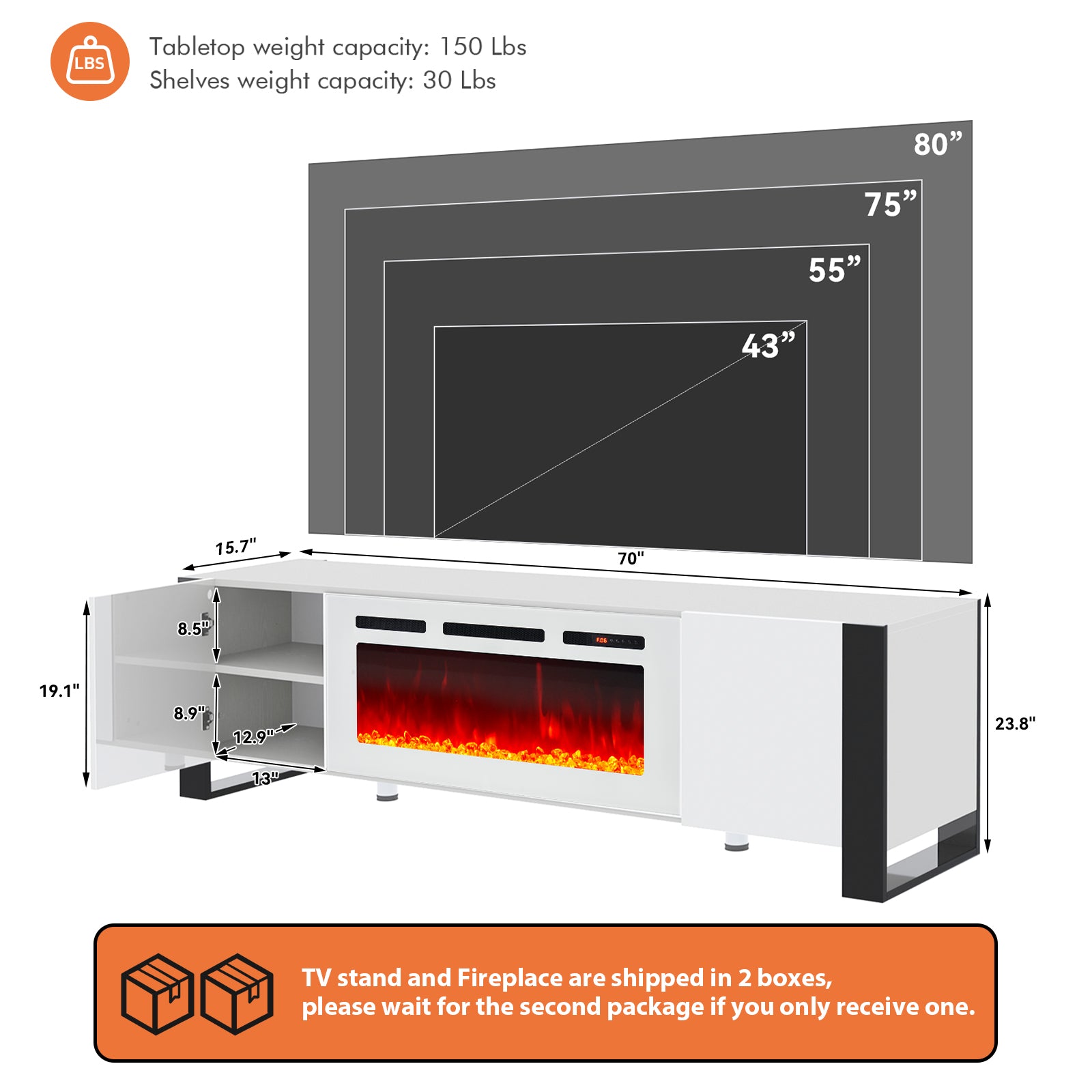 Fireplace TV Stand with 36" Fireplace, 70" Modern Entertainment Center LED Lights, Adjustable Legs TV Console Cabinet for TVs Up to 80", White TV Stand and White Fireplace