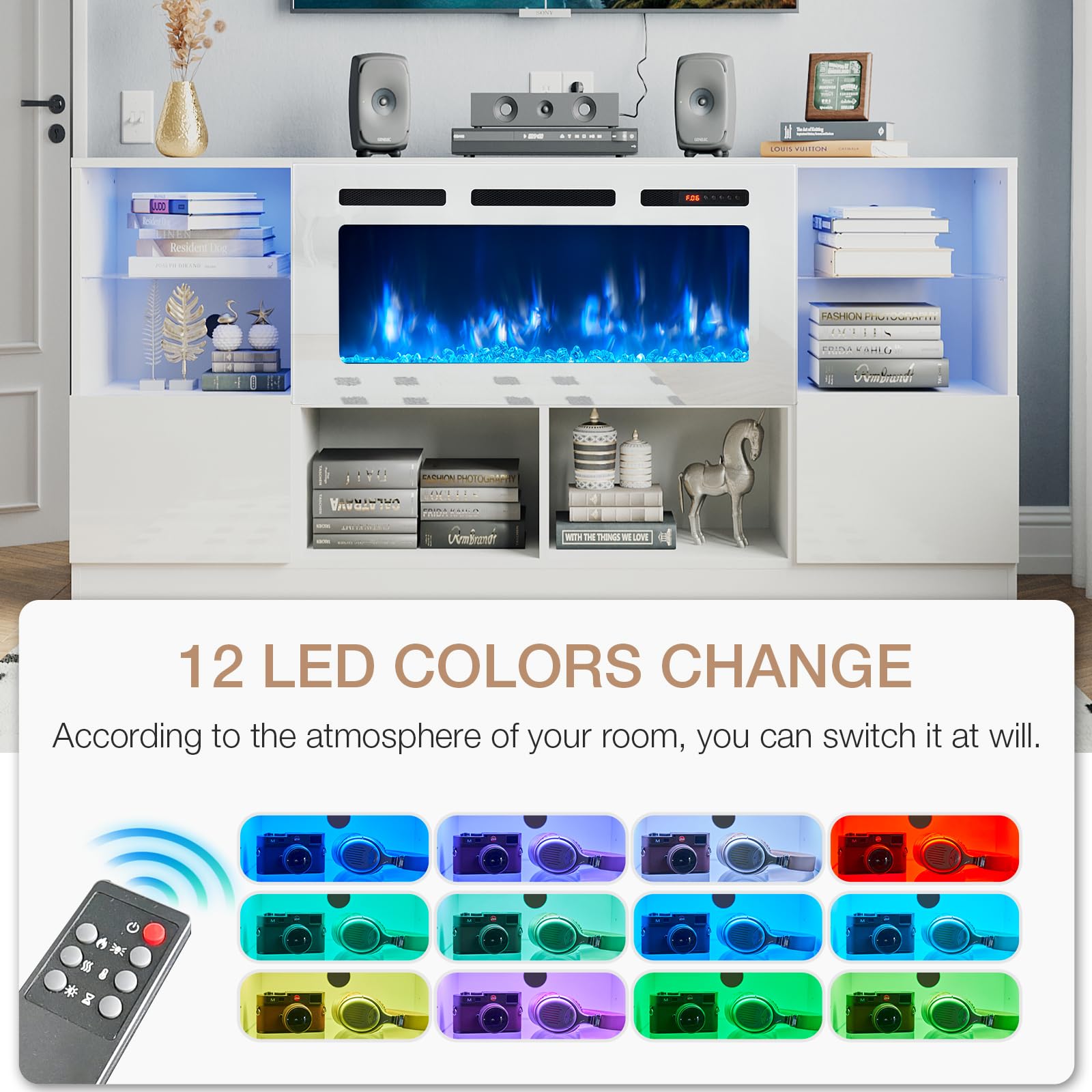 Fireplace TV Stand with 36” Electric Fireplace, 70” TV Console Stand for TVs Up to 80", LED Light Entertainment Center, Fireplace for The Living Room TV Stand, White