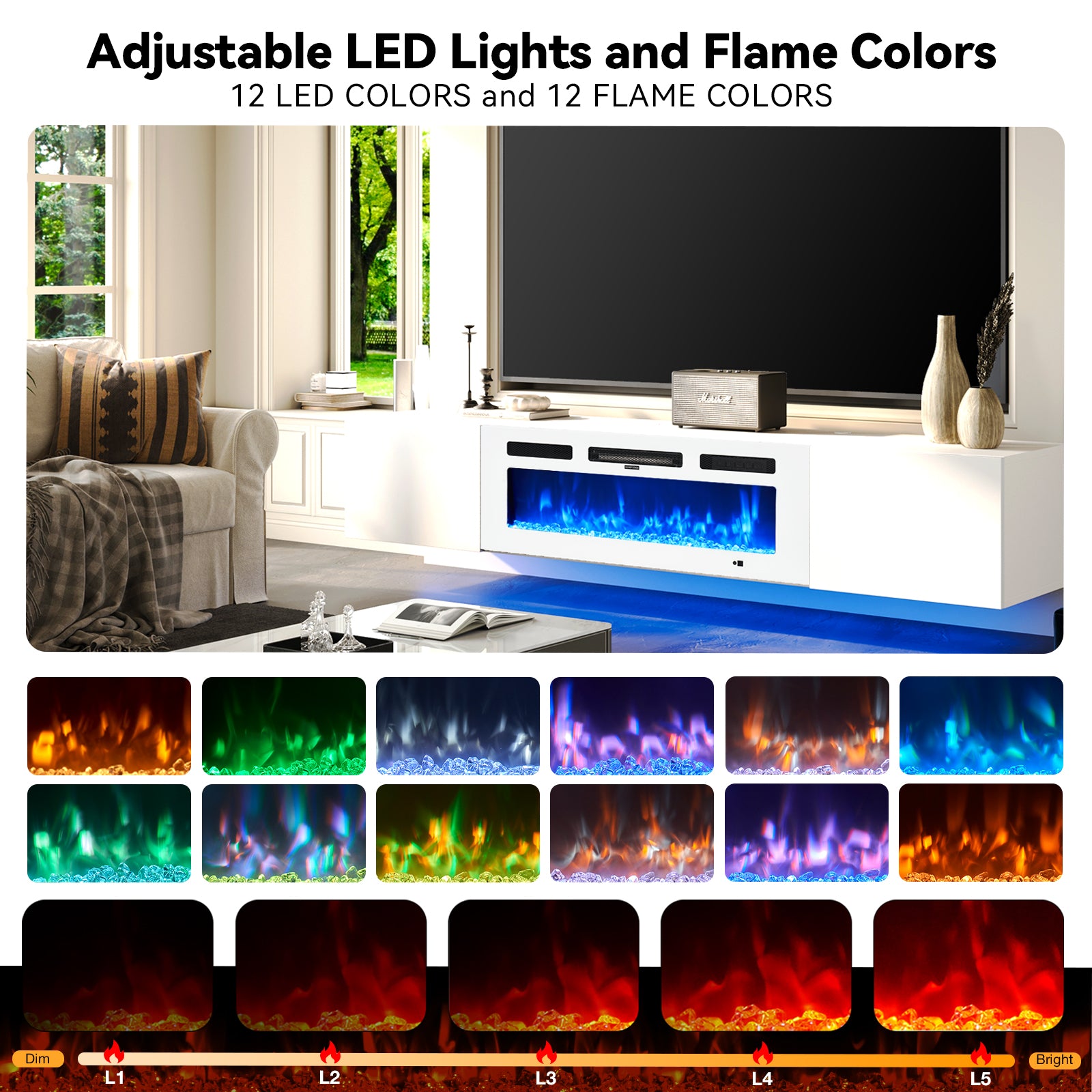 Floating TV Stand with 36" Electric Fireplace, Wall Mounted Fireplace Entertainment Center with Storage for TVs Up to 80", Adjustable Partition, Black/White (All White)