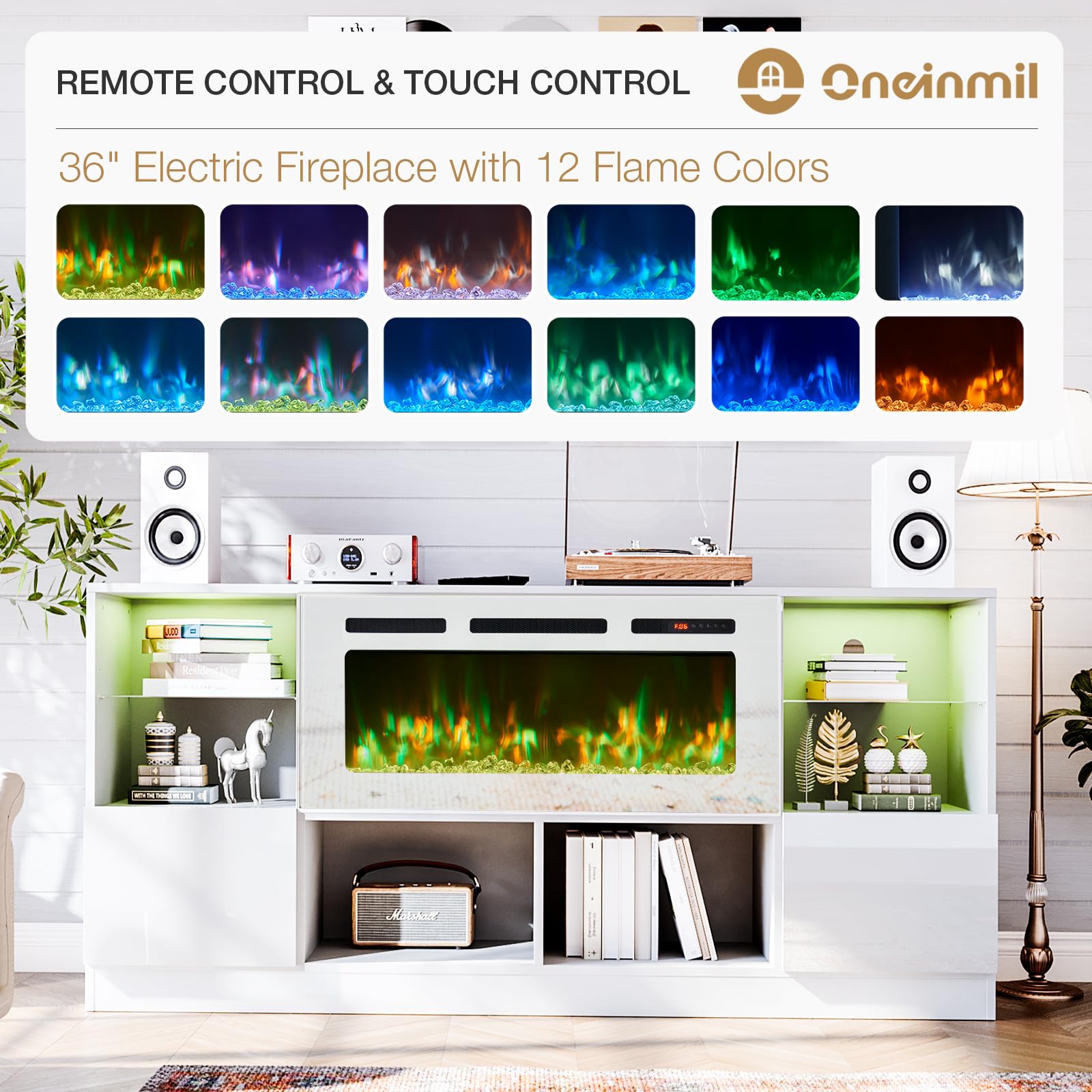 Fireplace TV Stand with 36” Electric Fireplace, 70” TV Console Stand for TVs Up to 80", LED Light Entertainment Center, Fireplace for The Living Room TV Stand, White