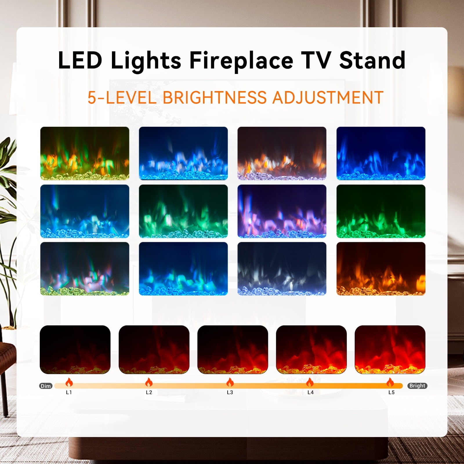 Fireplace TV Stand with 36" Fireplace, 70" Modern Entertainment Center LED Lights, Adjustable Legs TV Console Cabinet for TVs Up to 80", White TV Stand and White Fireplace