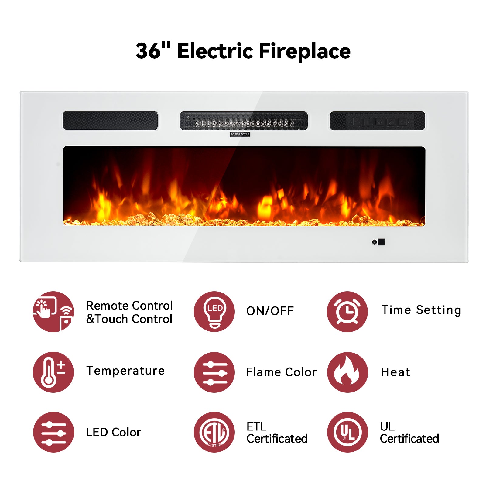 Floating TV Stand with 36" Electric Fireplace, Wall Mounted Fireplace Entertainment Center with Storage for TVs Up to 80", Adjustable Partition, Black/White (All White)