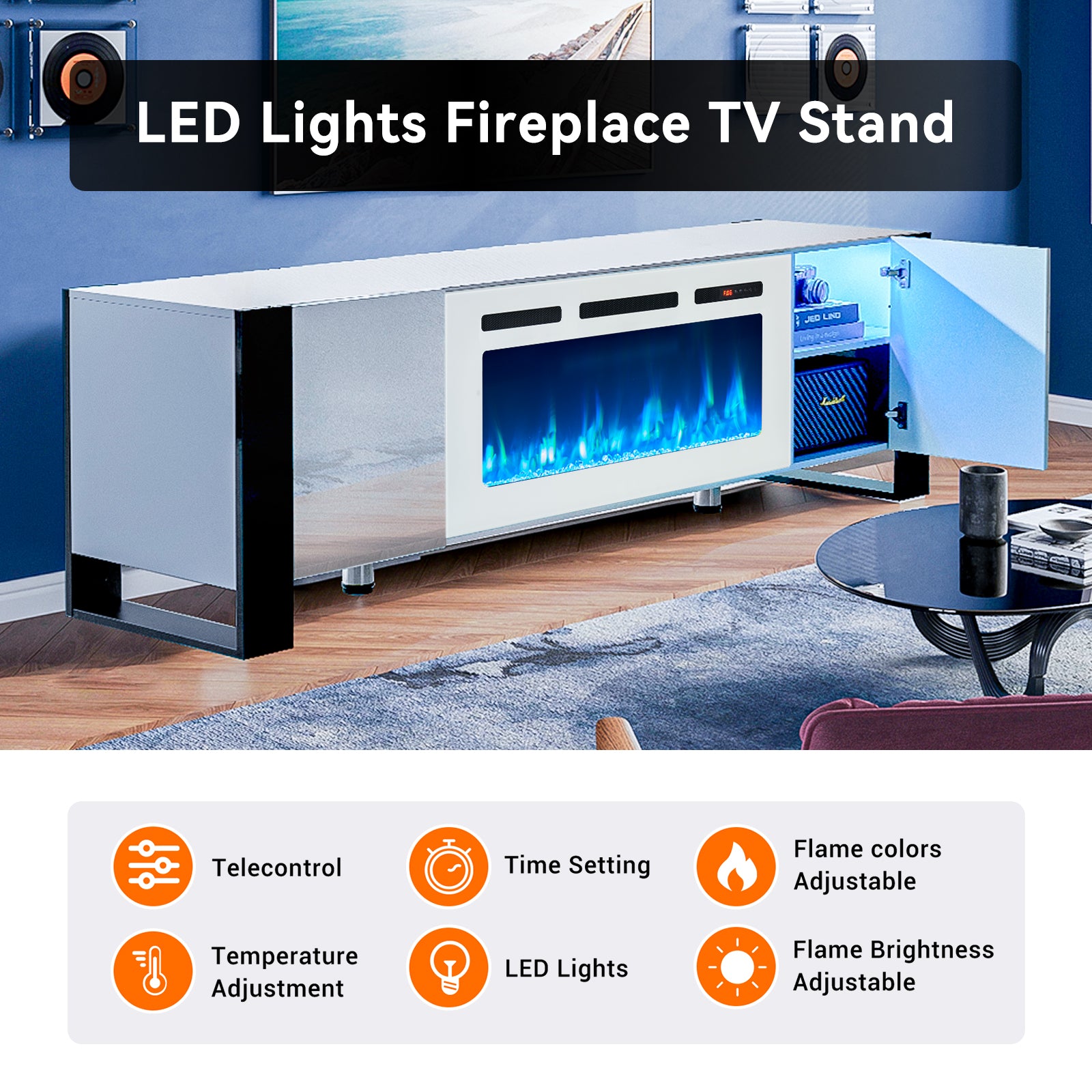 Fireplace TV Stand with 36" Fireplace, 70" Modern Entertainment Center LED Lights, Adjustable Legs TV Console Cabinet for TVs Up to 80", White TV Stand and White Fireplace