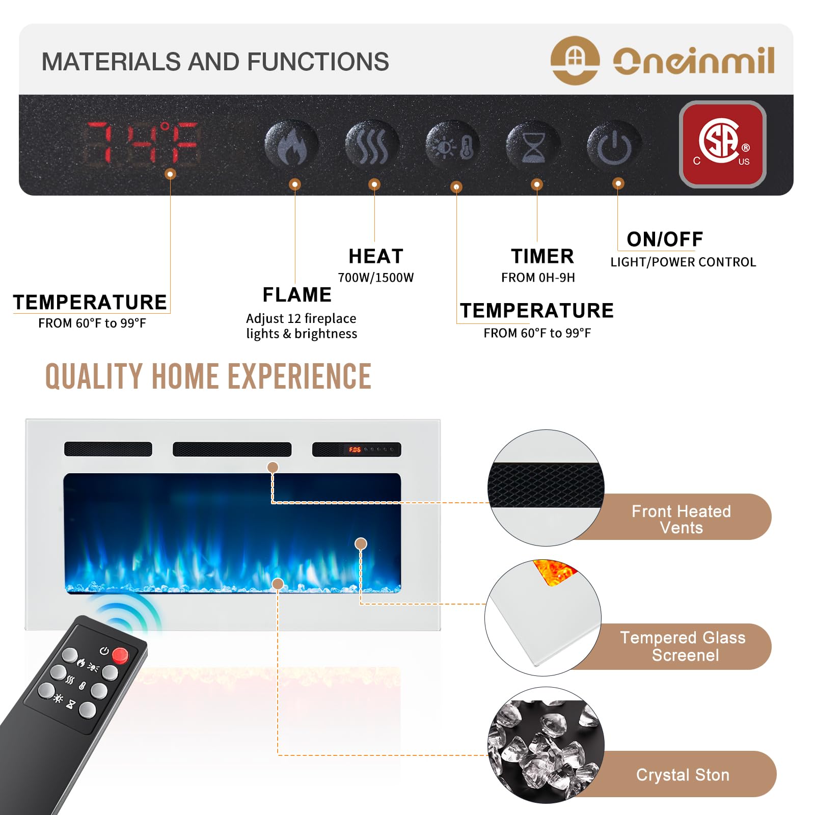Fireplace TV Stand with 36” Electric Fireplace, 70” TV Console Stand for TVs Up to 80", LED Light Entertainment Center, Fireplace for The Living Room TV Stand, White