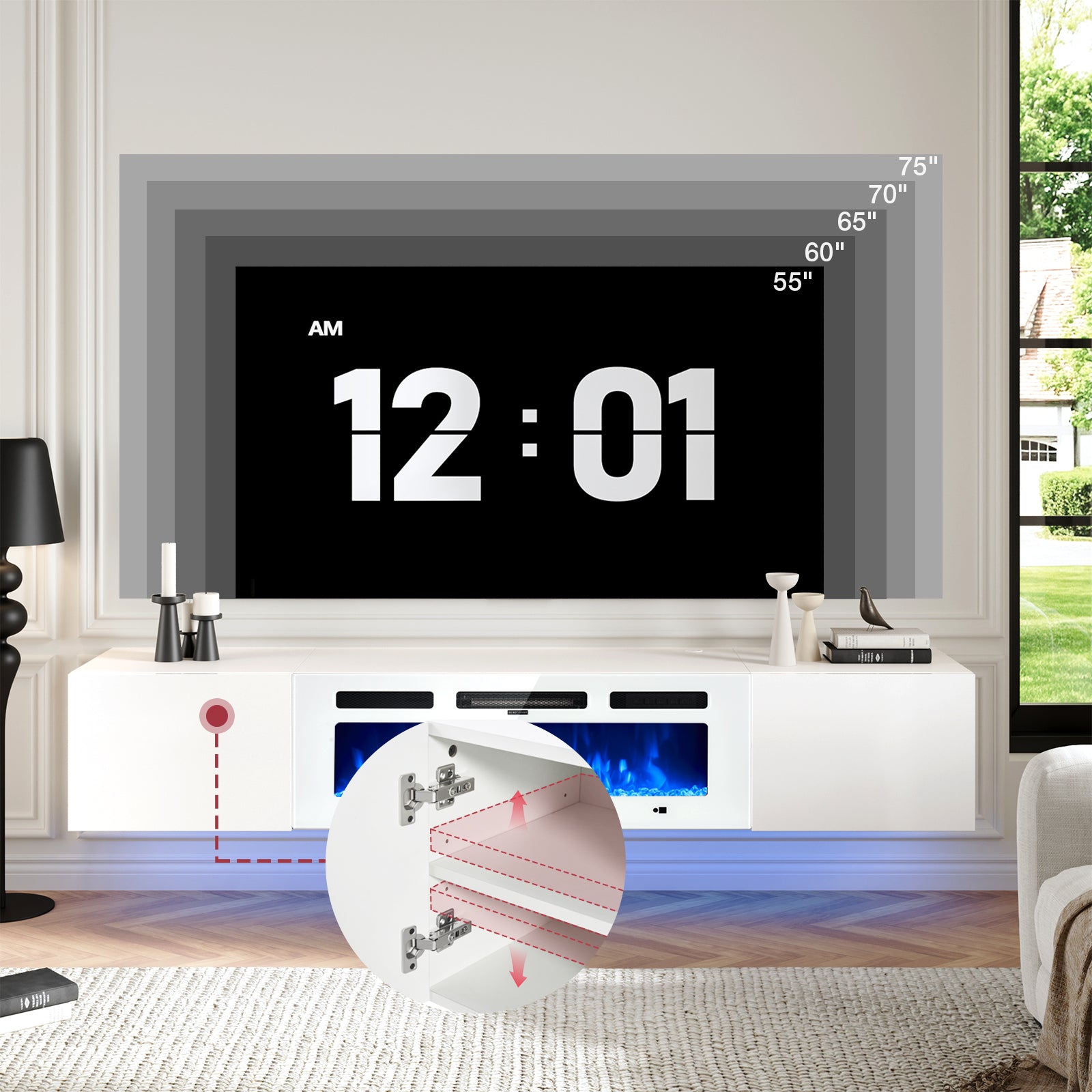 Floating TV Stand with 36" Electric Fireplace, Wall Mounted Fireplace Entertainment Center with Storage for TVs Up to 80", Adjustable Partition, Black/White (All White)