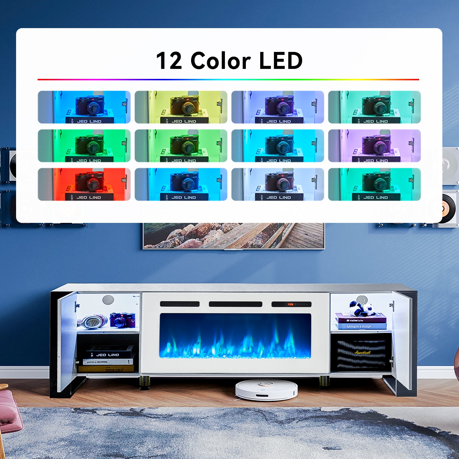 Fireplace TV Stand with 36" Fireplace, 70" Modern Entertainment Center LED Lights, Adjustable Legs TV Console Cabinet for TVs Up to 80", White TV Stand and White Fireplace