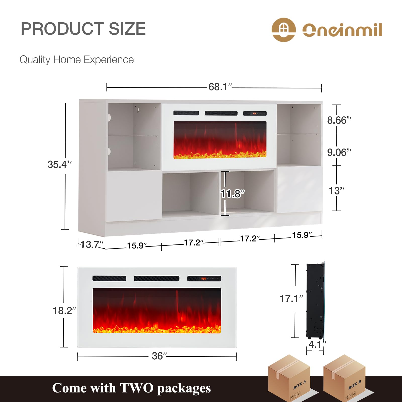 Fireplace TV Stand with 36” Electric Fireplace, 70” TV Console Stand for TVs Up to 80", LED Light Entertainment Center, Fireplace for The Living Room TV Stand, White