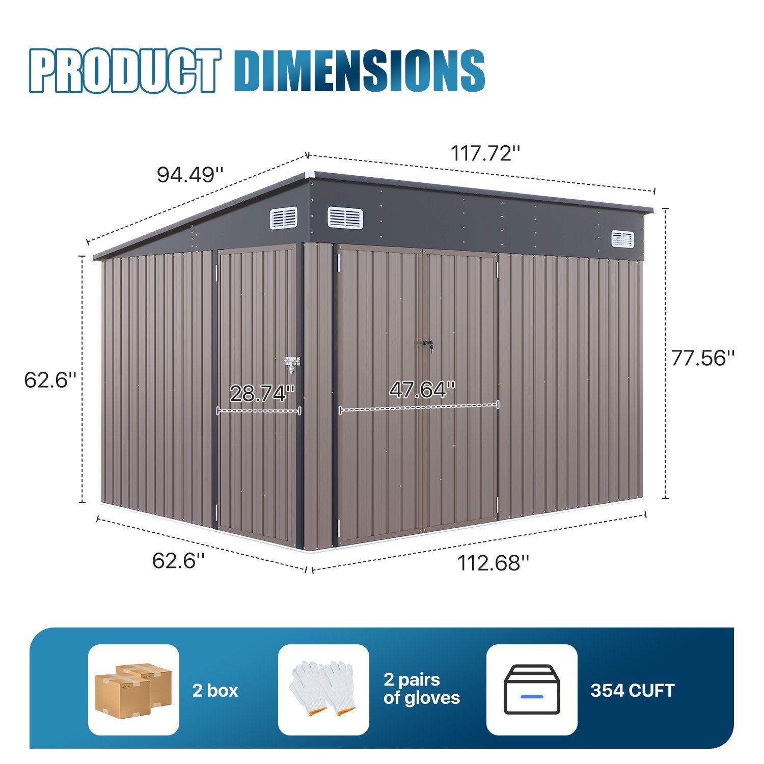 Sunmthink 10' x 8' Metal Storage Shed with Triple Doors, Lockable Lean-to Design & Vents, Brown