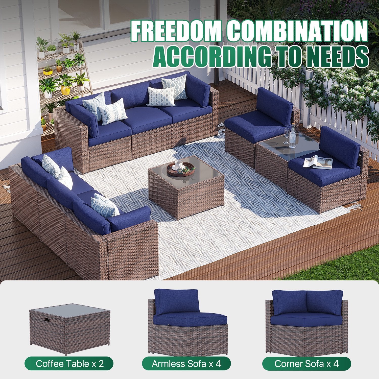 Clouddwell 10 Piece Patio Furniture Set Wicker Rattan Patio Conversation Set Outdoor Sectional Sofa Set with Coffee Table and Blue Cushions(Waterproof Cover Included)