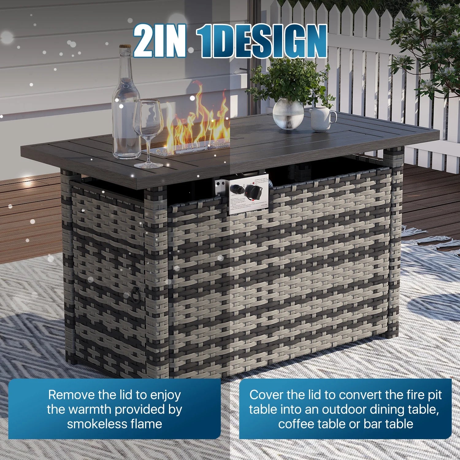 Sunmthink Patio Furniture Sets, 15-Piece Outdoor Patio Furniture with 44'' Propane Gas Firepit Table, Wicker Outdoor Conversation Set and Waterproof Cover for Backyard, Poolside, Garden