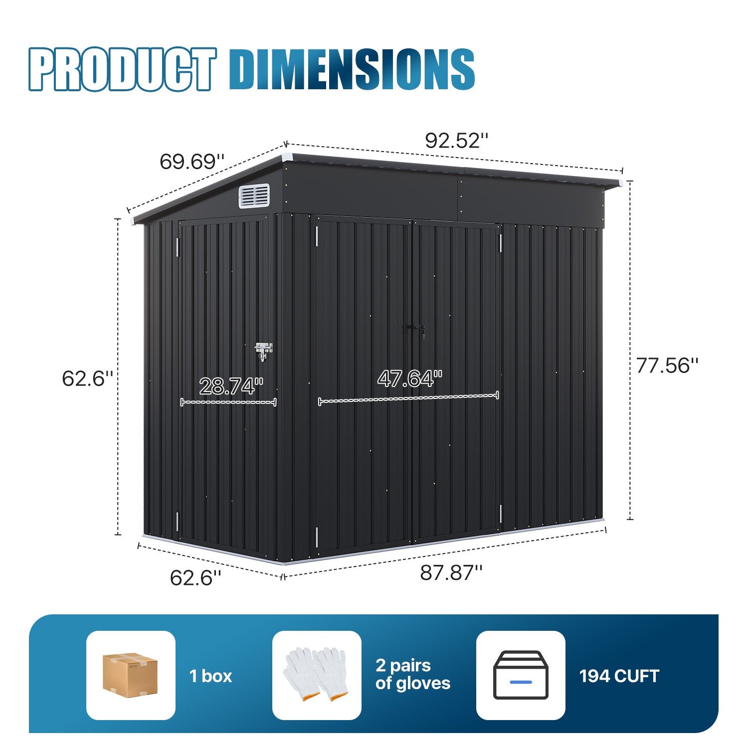 8' x 6' Metal Storage Shed with Triple Doors, Lockable Lean-to Design & Vents, Black