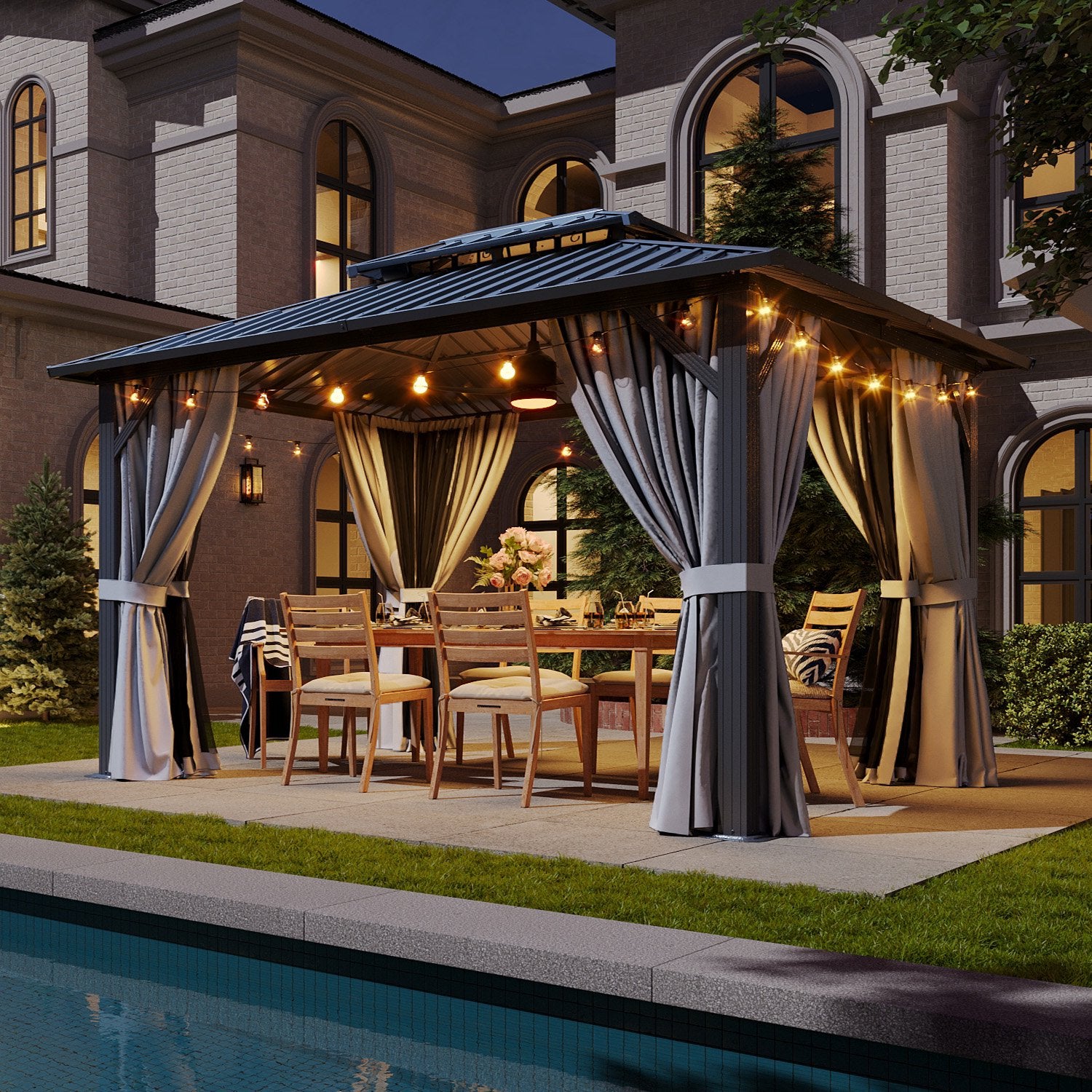 Sumnthink 10'x12' Hardtop Gazebo, Outdoor Steel Double Galvanized Roof Canopy, Aluminum Frame Permanent Pavilion Metal Gazebo with Netting and Curtains, for Patios, Gardens, Lawns