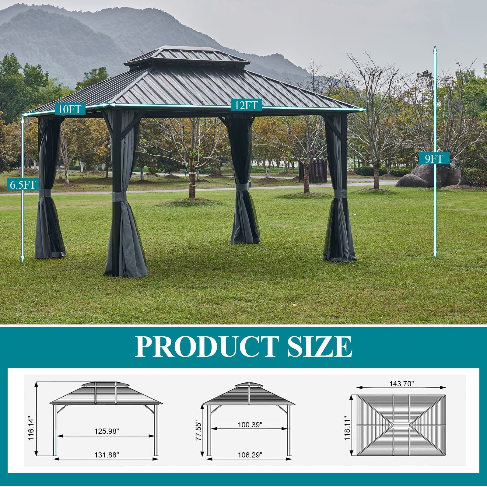 10'x12' Hardtop Gazebo, Outdoor Steel Double Roof Canopy, Aluminum Frame Permanent Pavilion with Curtains and Netting, Sunshade for Garden, Patio, Lawns, Black