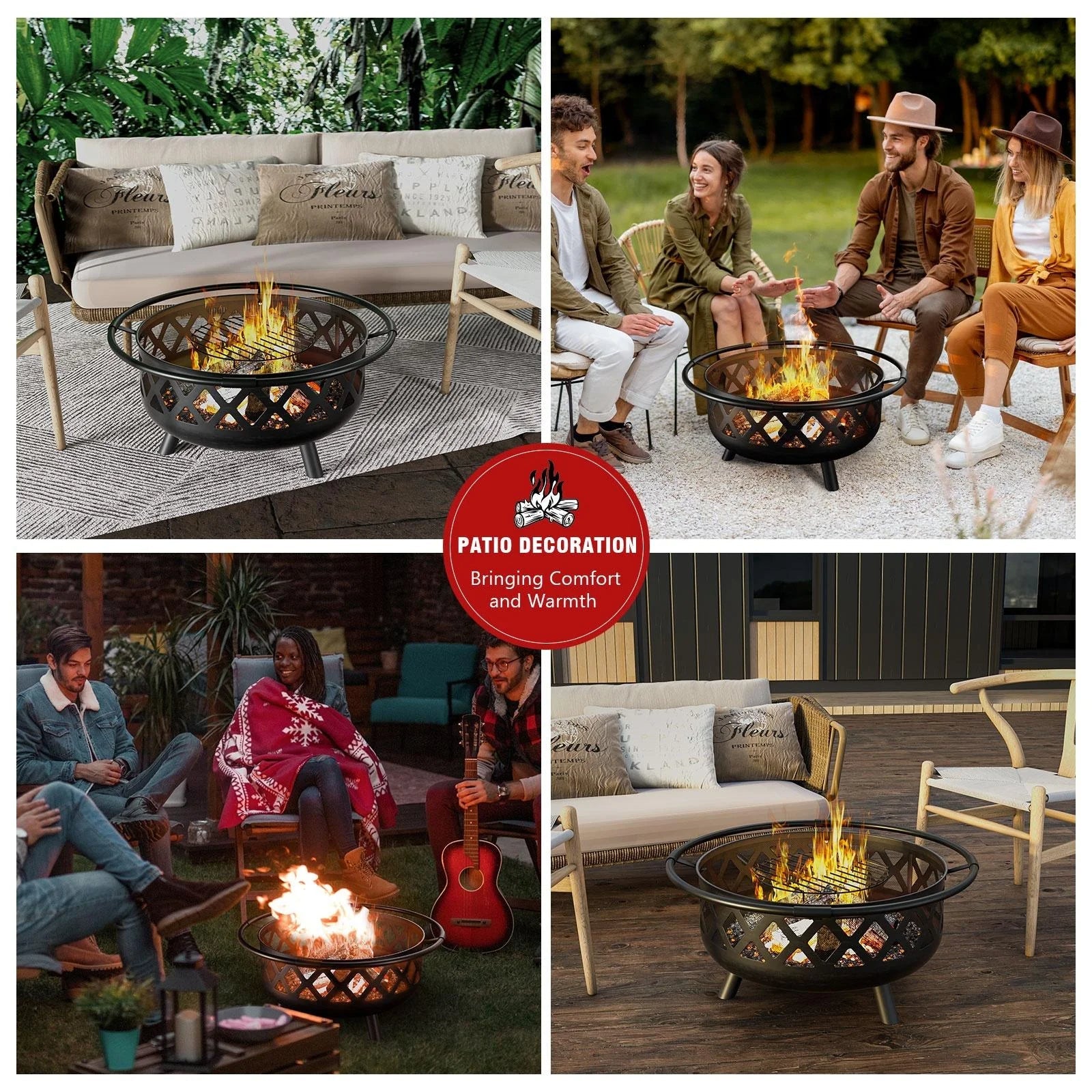 Fire Pit for Outside 36 inch, Outdoor Wood Burning Firepit with Cover & Fire Poker, Large Steel Firepit Bowl with Removable Cooking Swivel BBQ Grill for Backyard Bonfire Patio