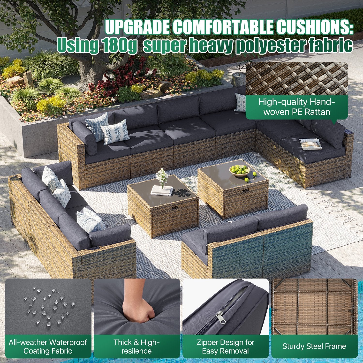 Clouddwell 14 Piece Patio Furniture Set Wicker Rattan Patio Conversation Set Outdoor Sectional Sofa Set with Coffee Table and Gray Cushions(Waterproof Cover Included)