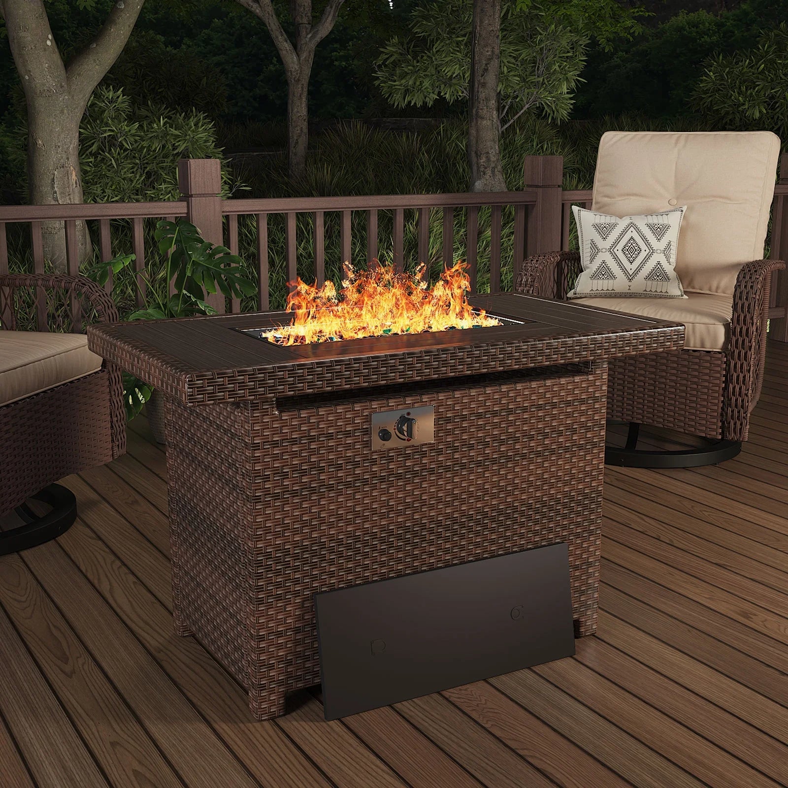 Propane Fire Pit Table, 40 in CSA Propane Fire Table Rectangular, 50,000 BTU Auto Ignition Gas Fire Pit for Outside Patio Deck, Brown Wicker