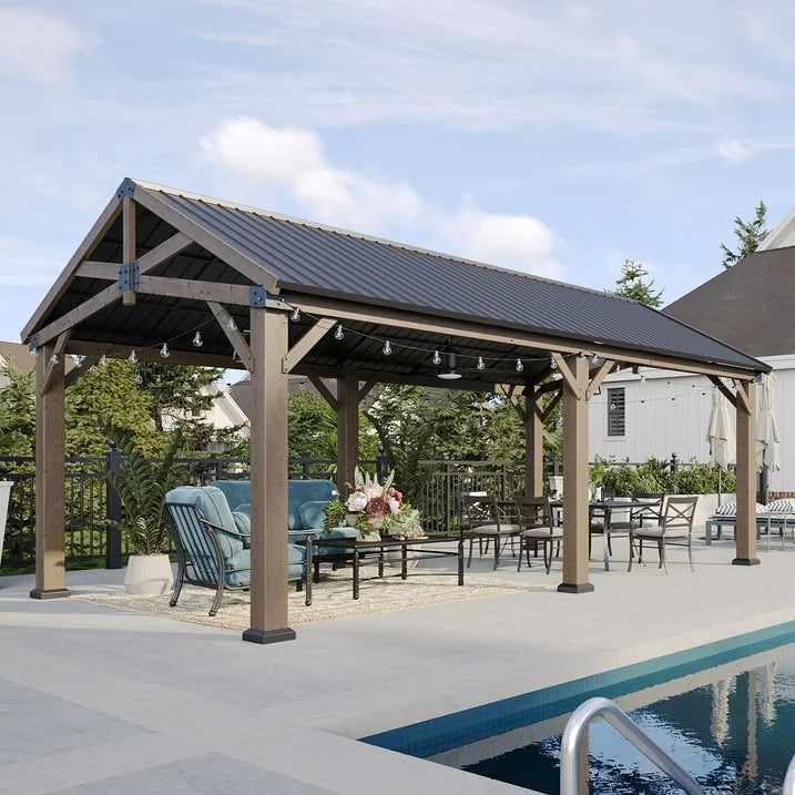 Sunmthink 10' x 12' Outdoor Wood Frame Gazebo, Hardtop Gazebo with Galvanized Steel, Permanent Wooden Pavilion for Patio Backyard Lawn Garden