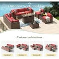 11 Piece Patio Furniture Set with 44” Fire Pit Table Wicker Rattan Outdoor Sectional Sofa Set with Coffee Table and 4” Thickened Cushions, Red (Waterproof Cover Included)