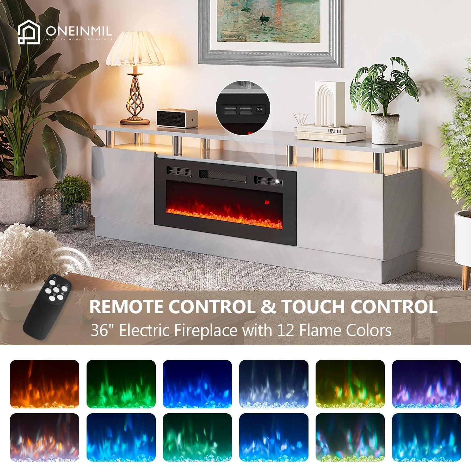 Fireplace TV Stand, Entertainment Center for TVs up to 80", 70" TV Stand with 36" Electric Fireplace, LED Lights Entertainment Center, TV Console, Grey