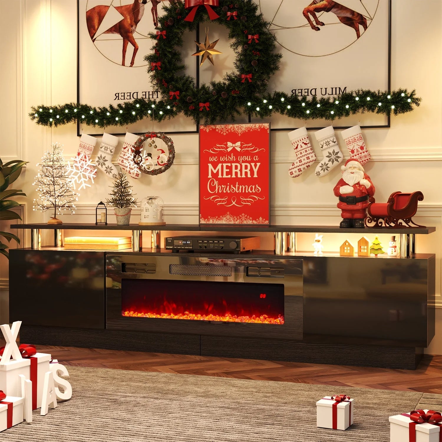 Fireplace TV Stand with 36” Electric Fireplace, Entertainment Center for TVs up to 90", LED Lights Entertainment Center, TV Console, Black