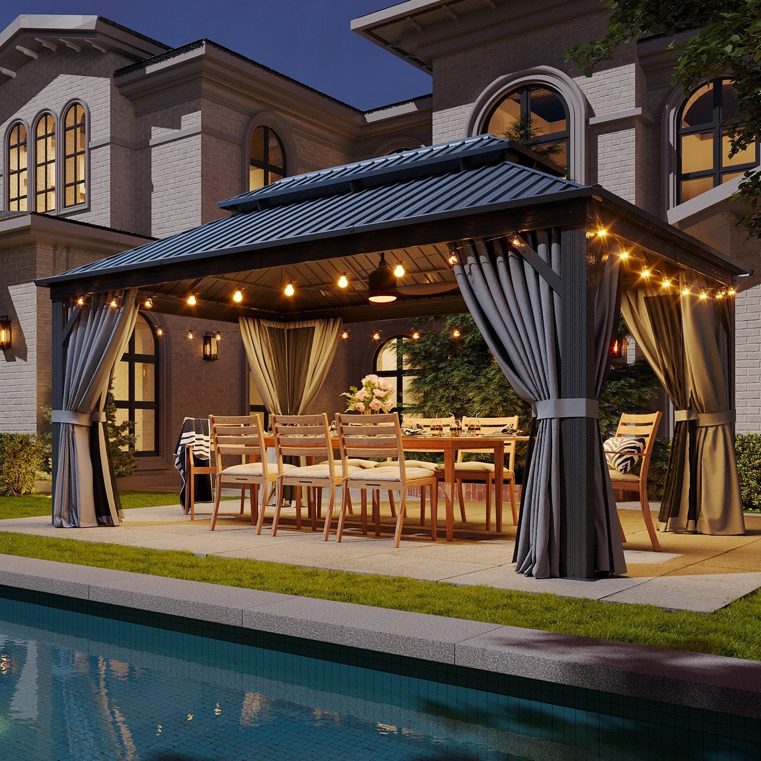 Sumnthink 12'x16' Hardtop Gazebo, Outdoor Steel Double Galvanized Roof Canopy, Aluminum Frame Permanent Pavilion Metal Gazebo with Netting and Curtains, for Patios, Gardens, Lawns