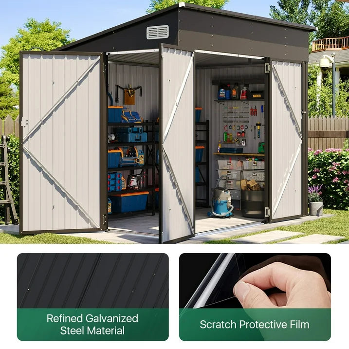 Clouddwell 8ft x 4ft Heavy-Duty Metal Storage Shed with 3 Doors, Lockable Lean-To Design, Weatherproof for Garden & Tools (Black)