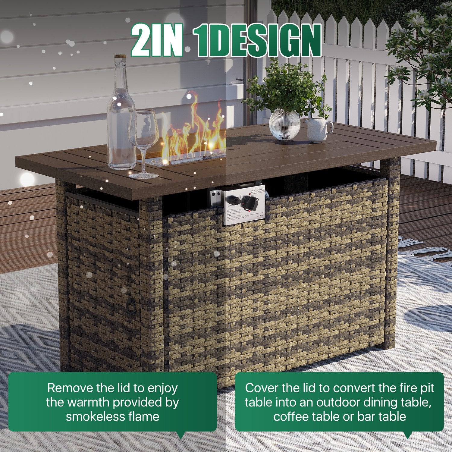 Clouddwell 11 Piece Patio Furniture Set with 44” Fire Pit Table Wicker Rattan Patio Conversation Set Outdoor Sectional Sofa Set with Coffee Table and Gray Cushions(Waterproof Cover Included)