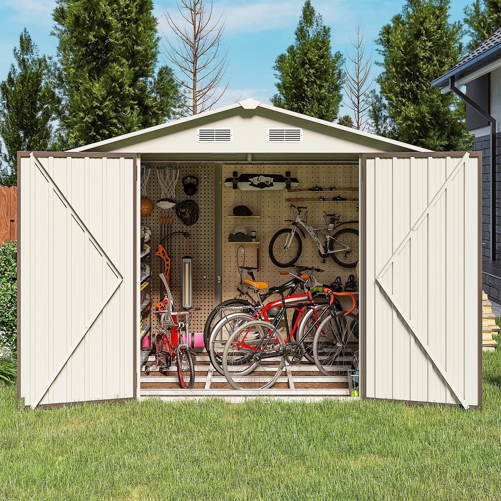 8’x 6’ Outdoor Storage Shed with Base Frame, Metal Garden Tool Shed with Lockable Door, Galvanized Steel Shed for Backyard, Lawn and Patio, Gray