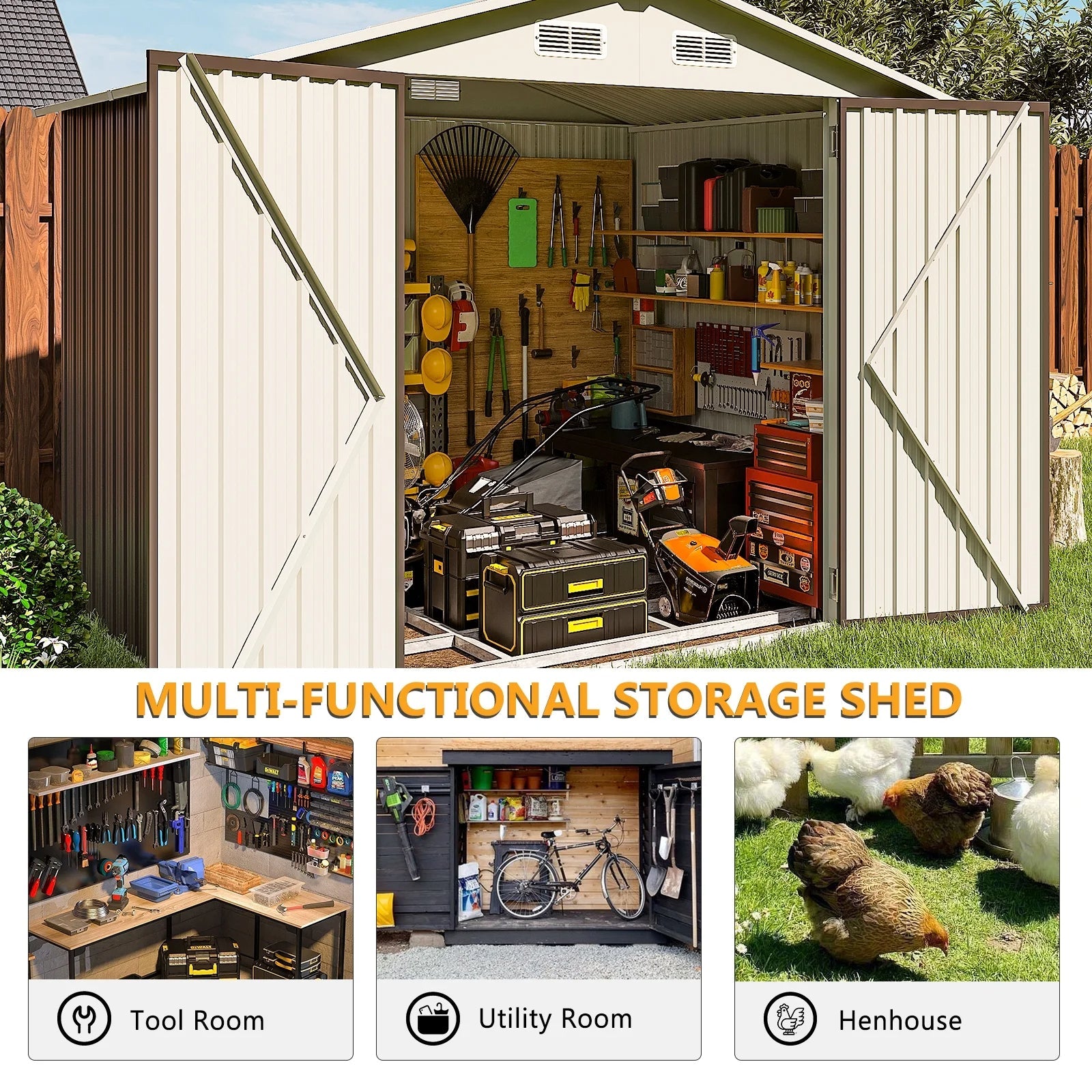 8’x 6’ Outdoor Storage Shed with Base Frame, Metal Garden Tool Shed with Lockable Door, Galvanized Steel Shed for Backyard, Lawn and Patio, Gray