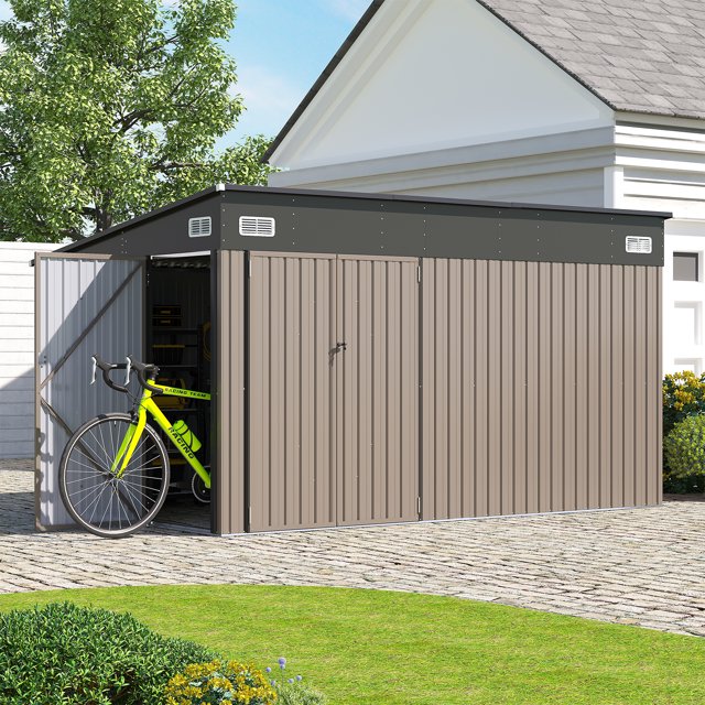 12' x 8' Metal Storage Shed with Triple Doors, Lockable Lean-to Design & Vents, Brown