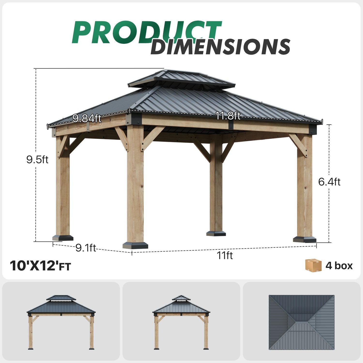 Clouddwell 12*10FT Upgraded Cedar Gazebo,Cedar Hard Roof Gazebo,with Double-Layer Galvanized Steel Roof,Suitable for Backyard,Desk,and Lawn.
