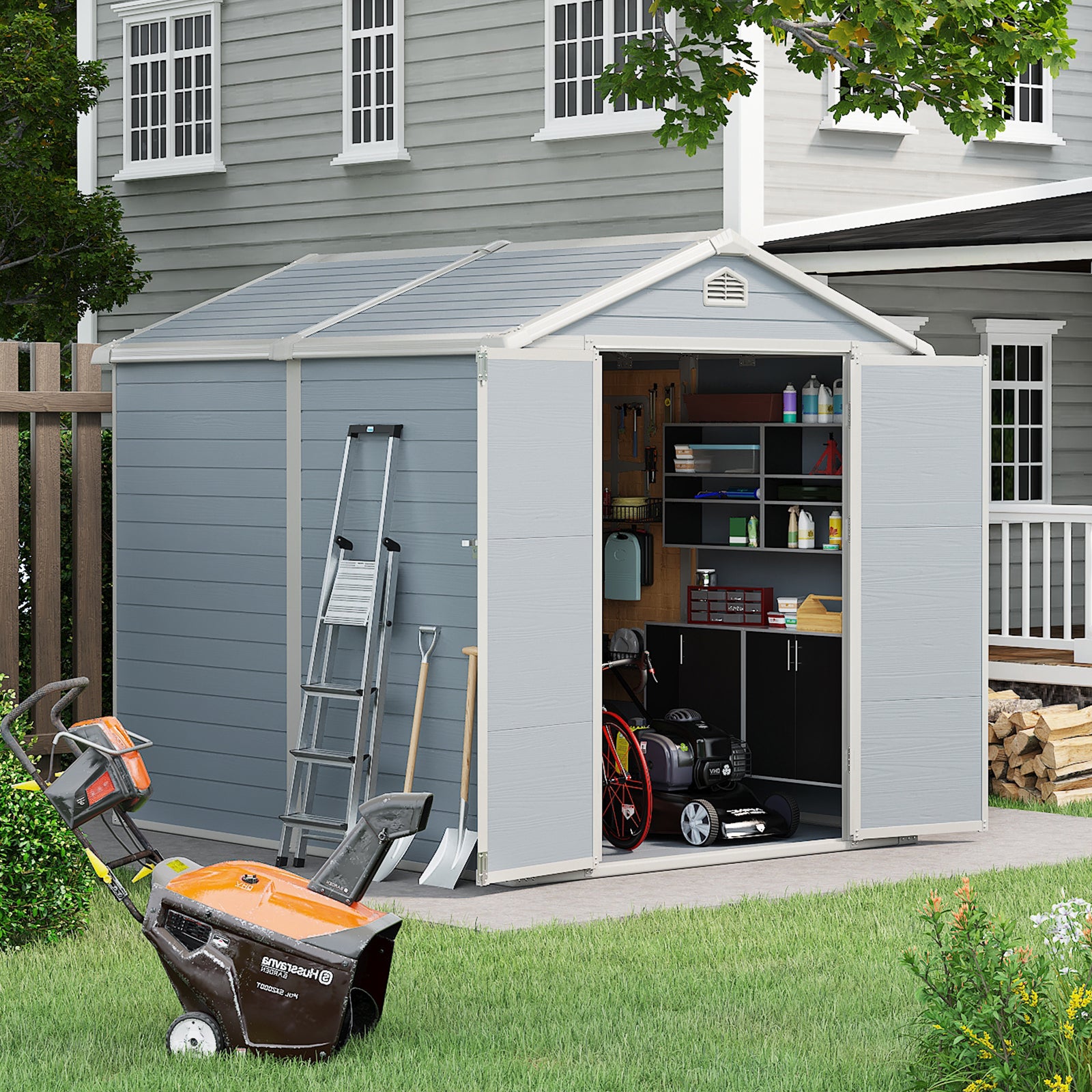 7.9' x 6.4' Outdoor Storage Shed, Resin Storage Shed 349 cu ft, w/Lockable Double Door & Air Vent for Backyard