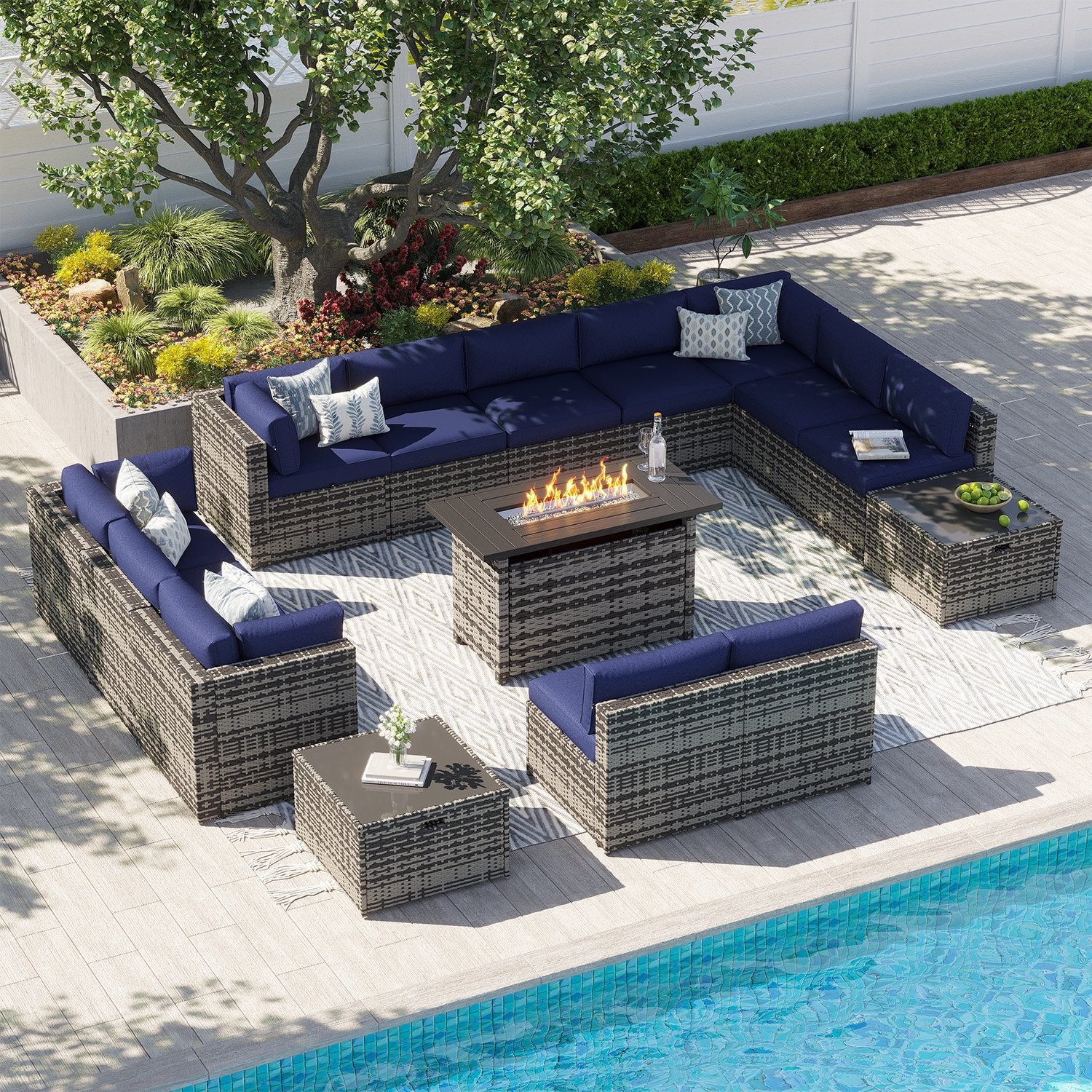 Clouddwell 15 Piece Patio Furniture Set with 44” Fire Pit Table Wicker Rattan Patio Conversation Set Outdoor Sectional Sofa Set with Coffee Table and Blue Cushions(Waterproof Cover Included)