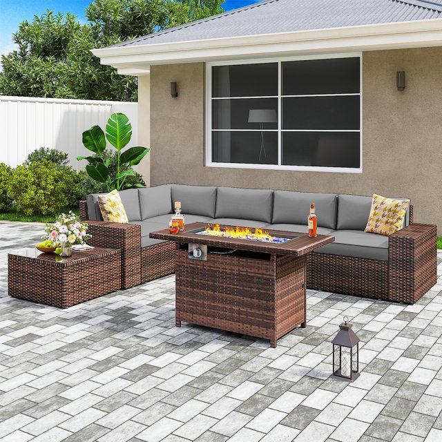 7 Pieces Outdoor Patio Furniture Sets with 44'' Fire Pit Table, PE Rattan Wicker Sectional Sofa with Coffee Table for Lawn, Backyard,Balcony, Gray