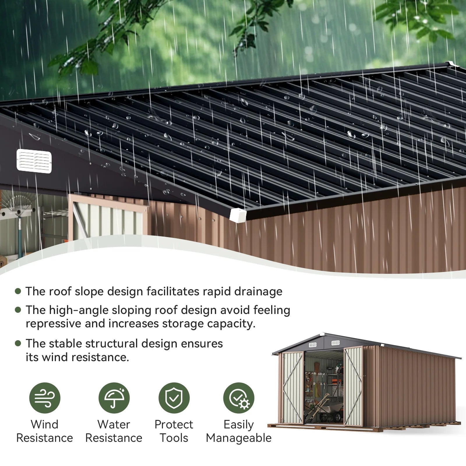 11.9x9.5 ft Outdoor Storage Shed, Galvanized Metal Shed with Lockable Door, Air Vents for Garden, Backyard, Brown