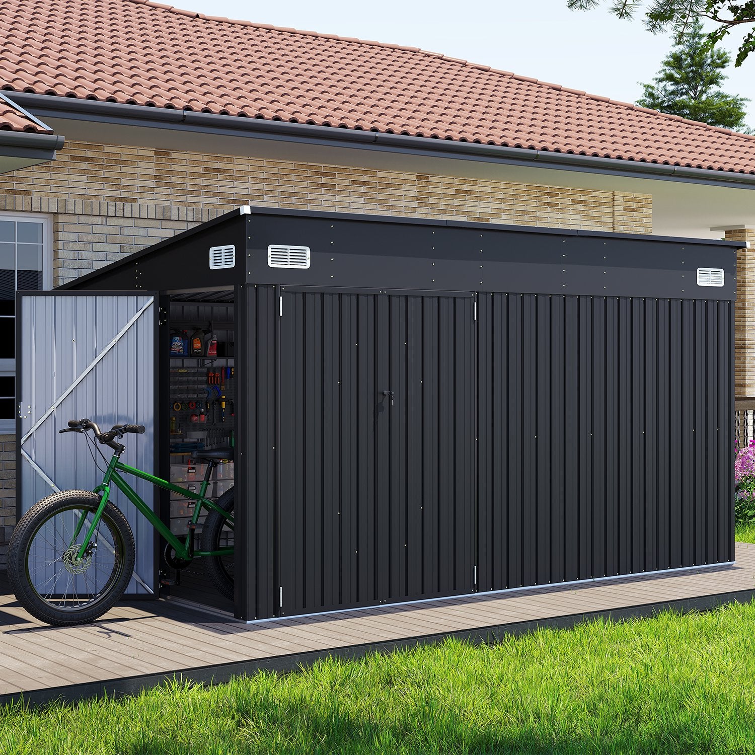 Clouddwell 12ft x 8ft Heavy-Duty Metal Storage Shed with 3 Doors, Lockable Lean-To Design, Weatherproof for Garden & Tools (Black)