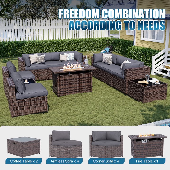 Sunmthink Patio Furniture Sets, 11-Piece Outdoor Patio Furniture with 44'' Propane Gas Firepit Table, Wicker Outdoor Conversation Set and Waterproof Cover for Backyard, Poolside, Garden