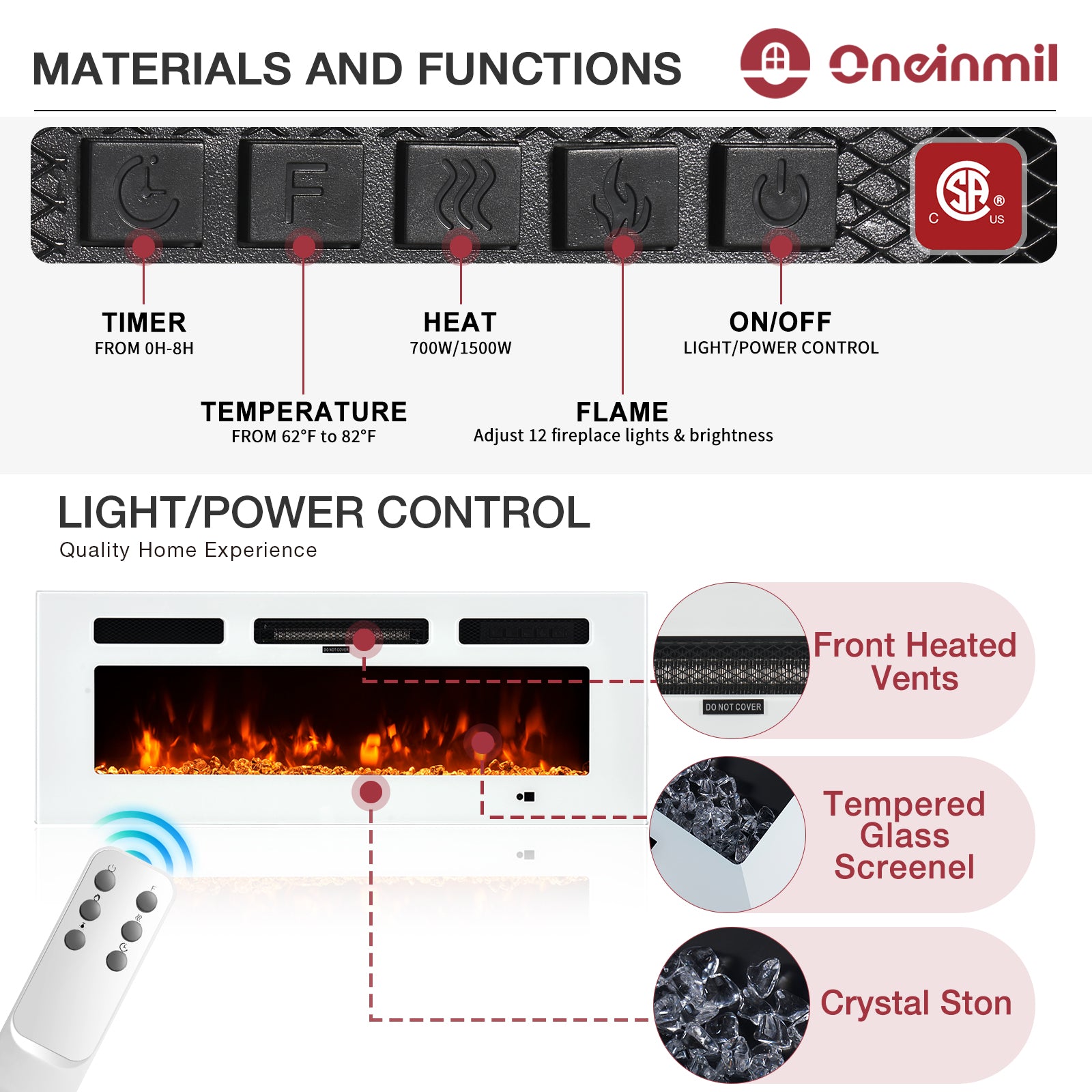 Fireplace TV Stand with 36” Electric Fireplace, Entertainment Center for TVs up to 90", LED Lights Entertainment Center, TV Console, Black&White