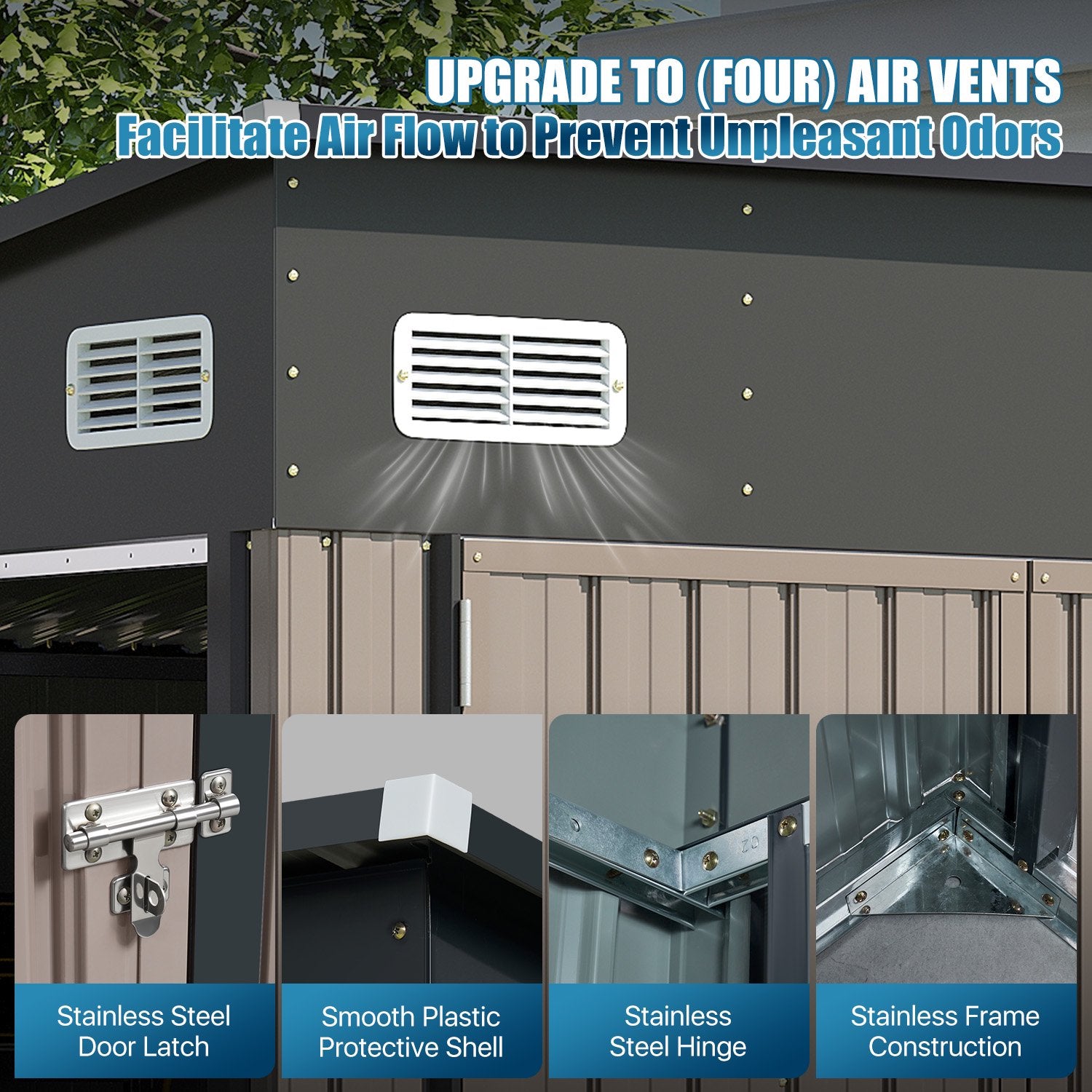 12' x 8' Metal Storage Shed with Triple Doors, Lockable Lean-to Design & Vents, Brown