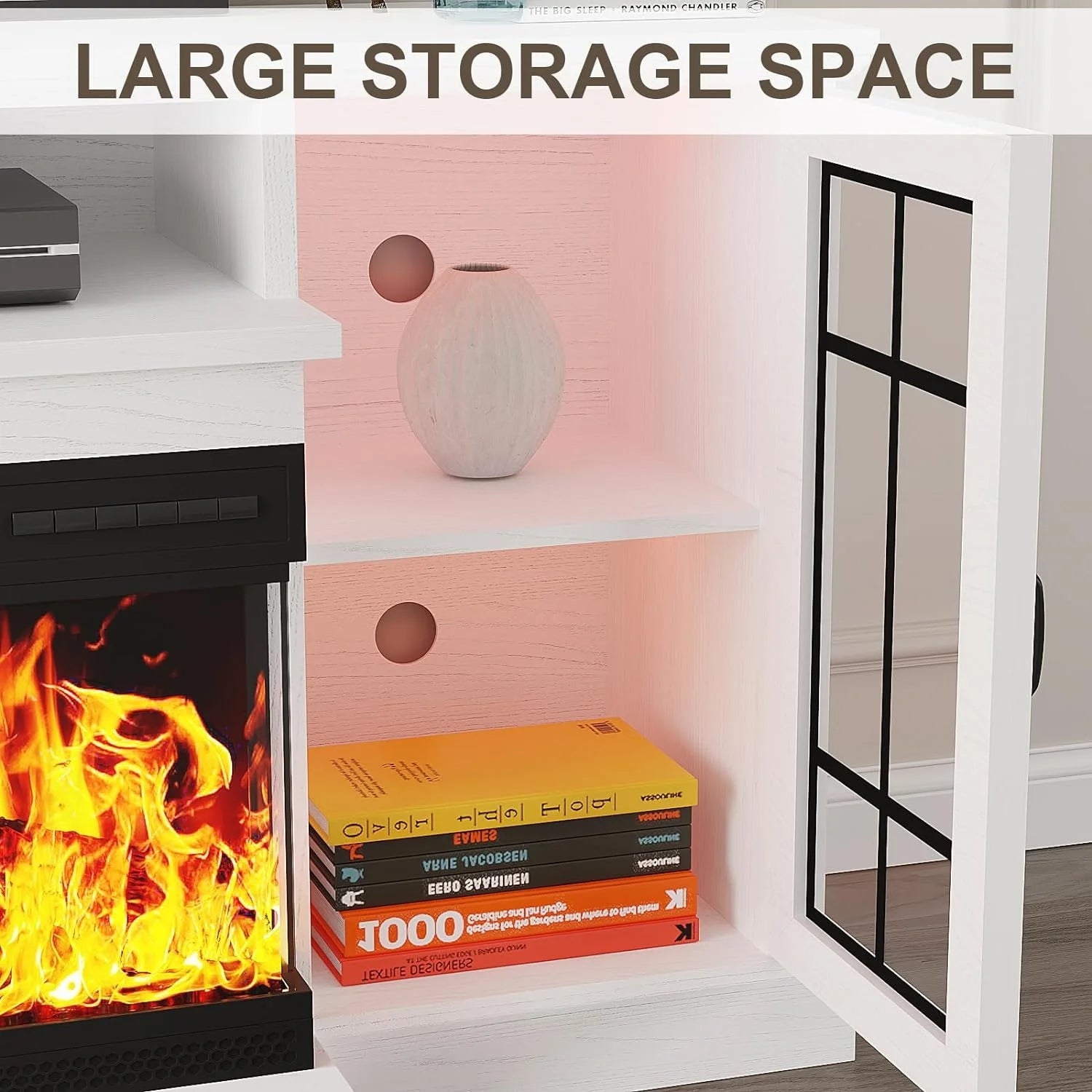 59'' Fireplace TV Stand for TVs up to 65", 12 Flame Colors&12 LED Light Colors, TV Console with 3-Sided Glass Fireplace, for Living Room, White