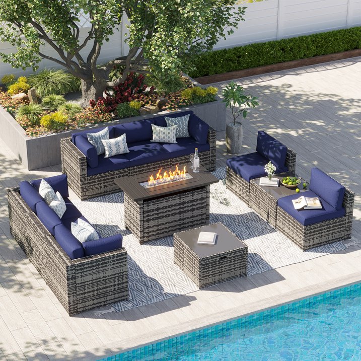 Clouddwell 11 Piece Patio Furniture Set with 44” Fire Pit Table Wicker Rattan Patio Conversation Set Outdoor Sectional Sofa Set with Coffee Table and Blue Cushions