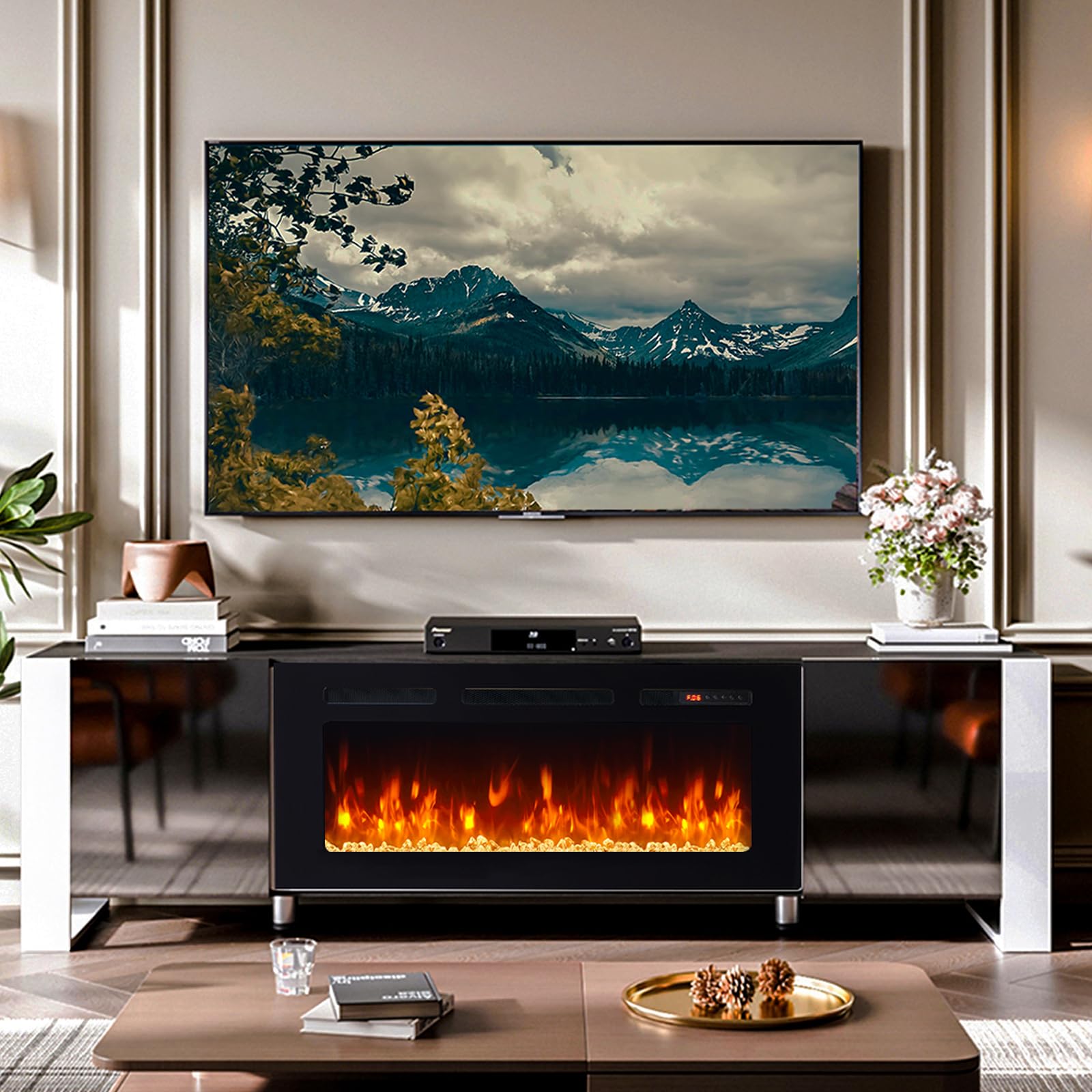 Fireplace TV Stand with 36" Fireplace, 70" Modern Entertainment Center LED Lights, Adjustable Legs TV Console Cabinet for TVs Up to 80", Black TV Stand and Black Fireplace