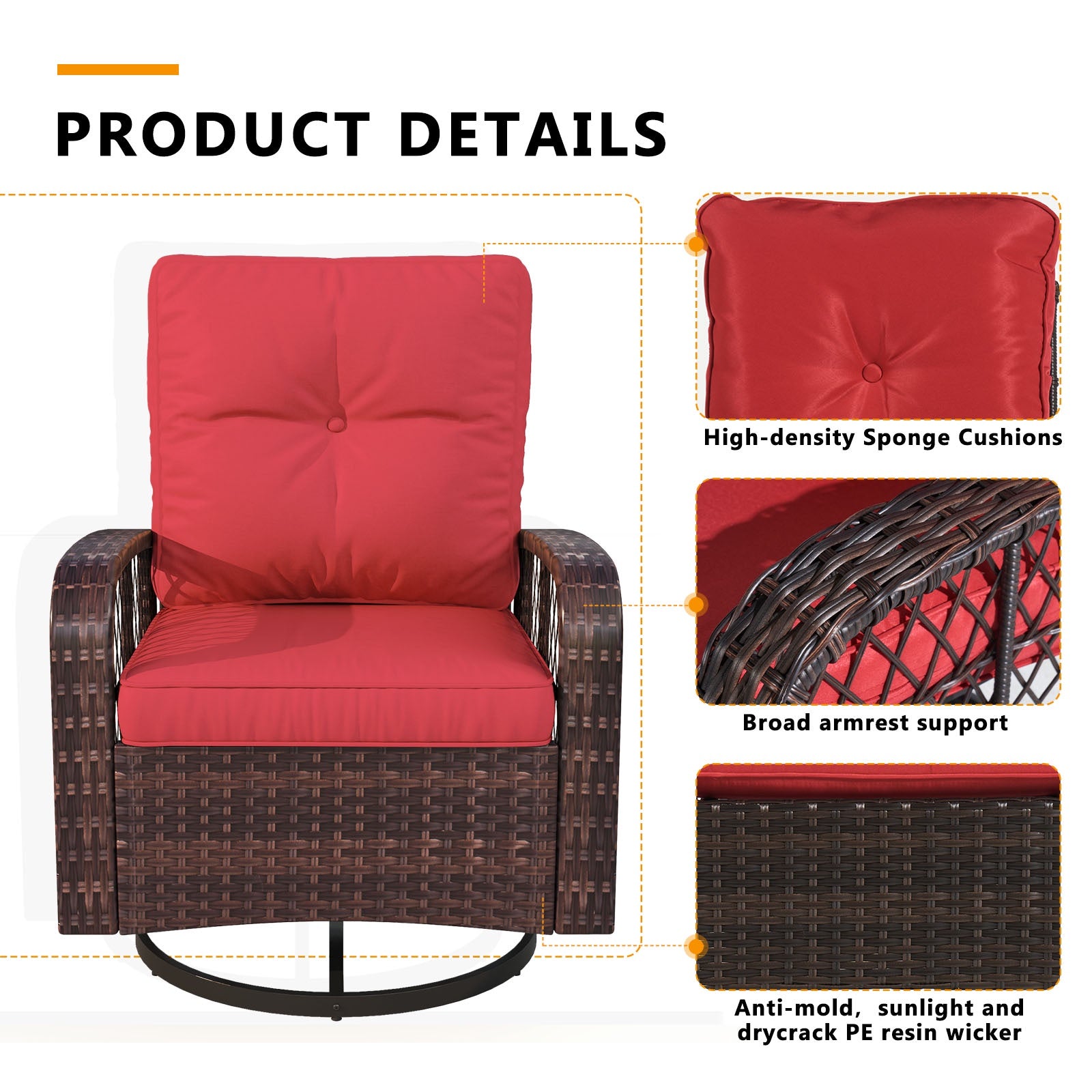 3 Pcs Patio Furniture Set, 360 Degree Swivel Rocking Chairs, Wicker Bistro Set with Glass Top Side Table, Red