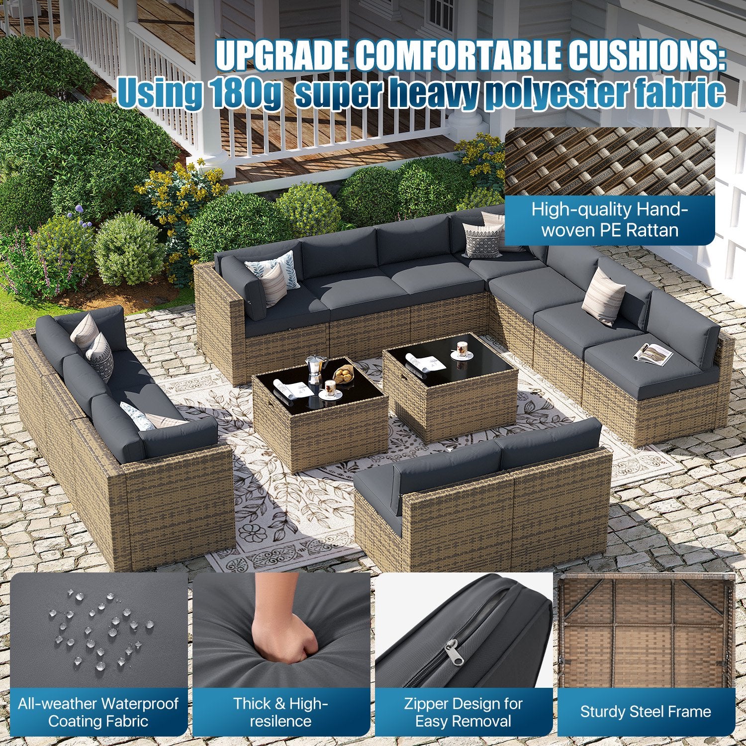 Sunmthink Patio Furniture Sets, 14-Piece Outdoor Patio Furniture with Thick Cushions, Wicker Outdoor Conversation Set and Waterproof Cover for Backyard, Poolside, Garden