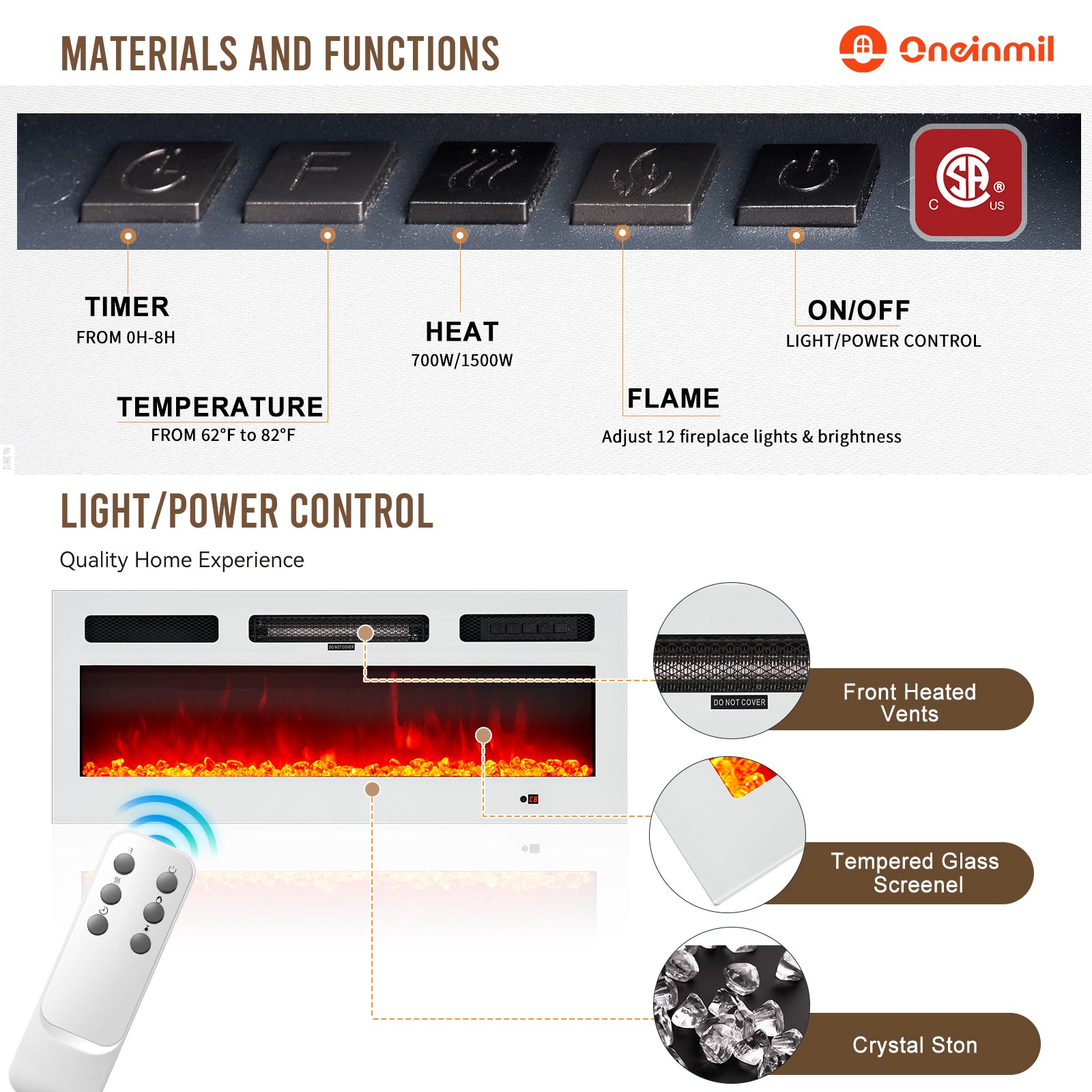 Fireplace TV Stand with 36” Electric Fireplace, Entertainment Center for TVs up to 90", LED Lights Entertainment Center, TV Console, White&White
