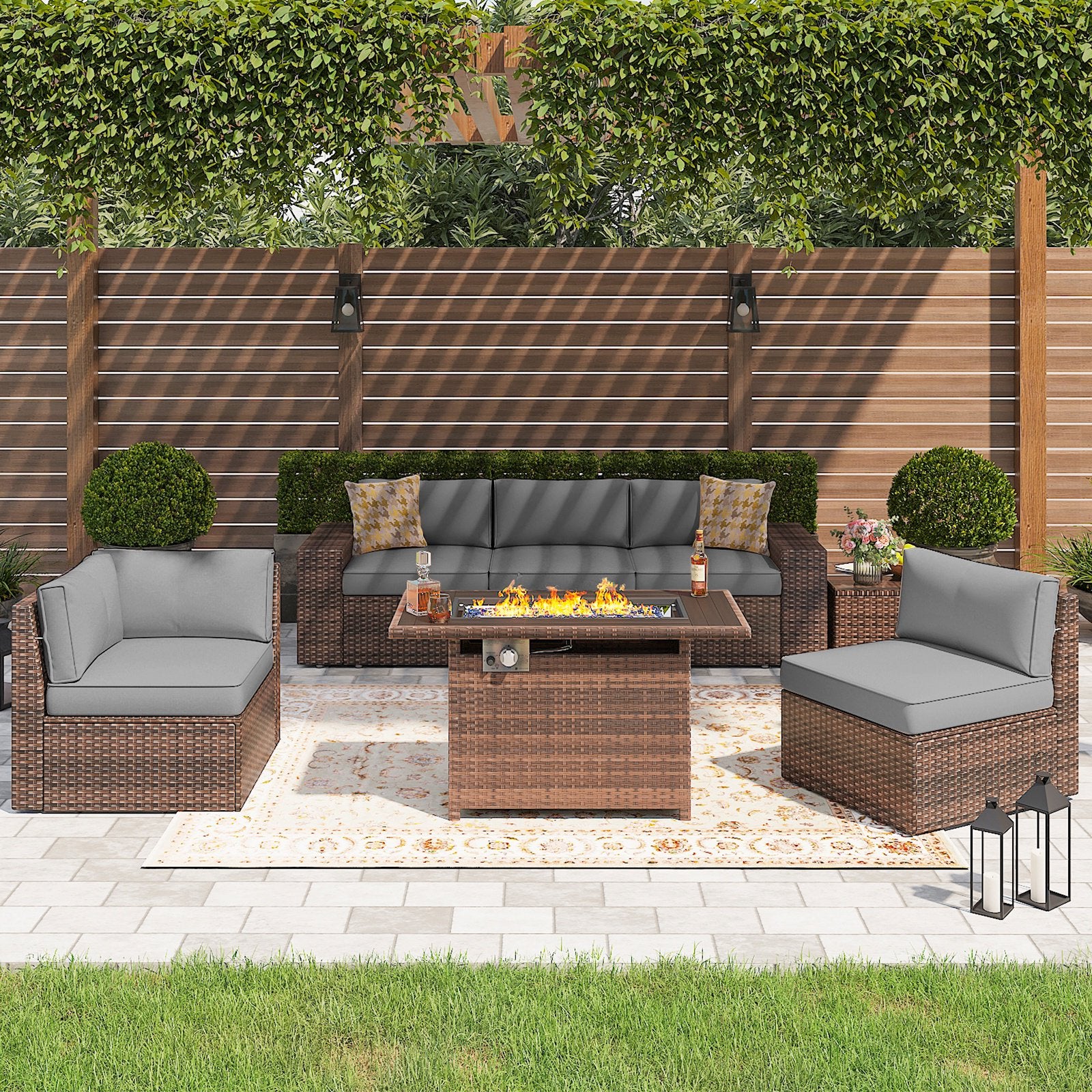 7 Pieces Outdoor Patio Furniture Sets with 44'' Fire Pit Table, PE Rattan Wicker Sectional Sofa with Coffee Table for Lawn, Backyard,Balcony, Gray