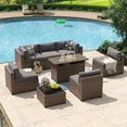 Aoxun 8 Piece Patio Furniture Set with 44” Fire Pit Table Wicker Rattan Outdoor Sectional Sofa Set with Coffee Table and 4” Thickened Cushions, Gray (Waterproof Cover Included)